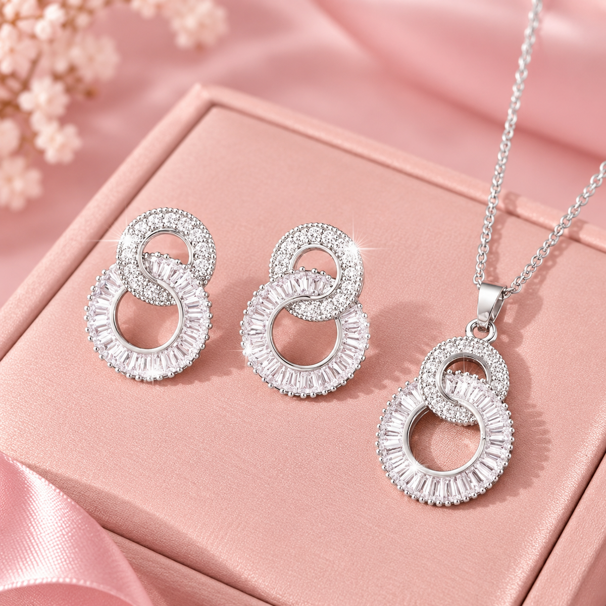 Silver Infinity Zirconia Necklace & Earrings Set – 3pc Baguette Crystal Jewelry for Women