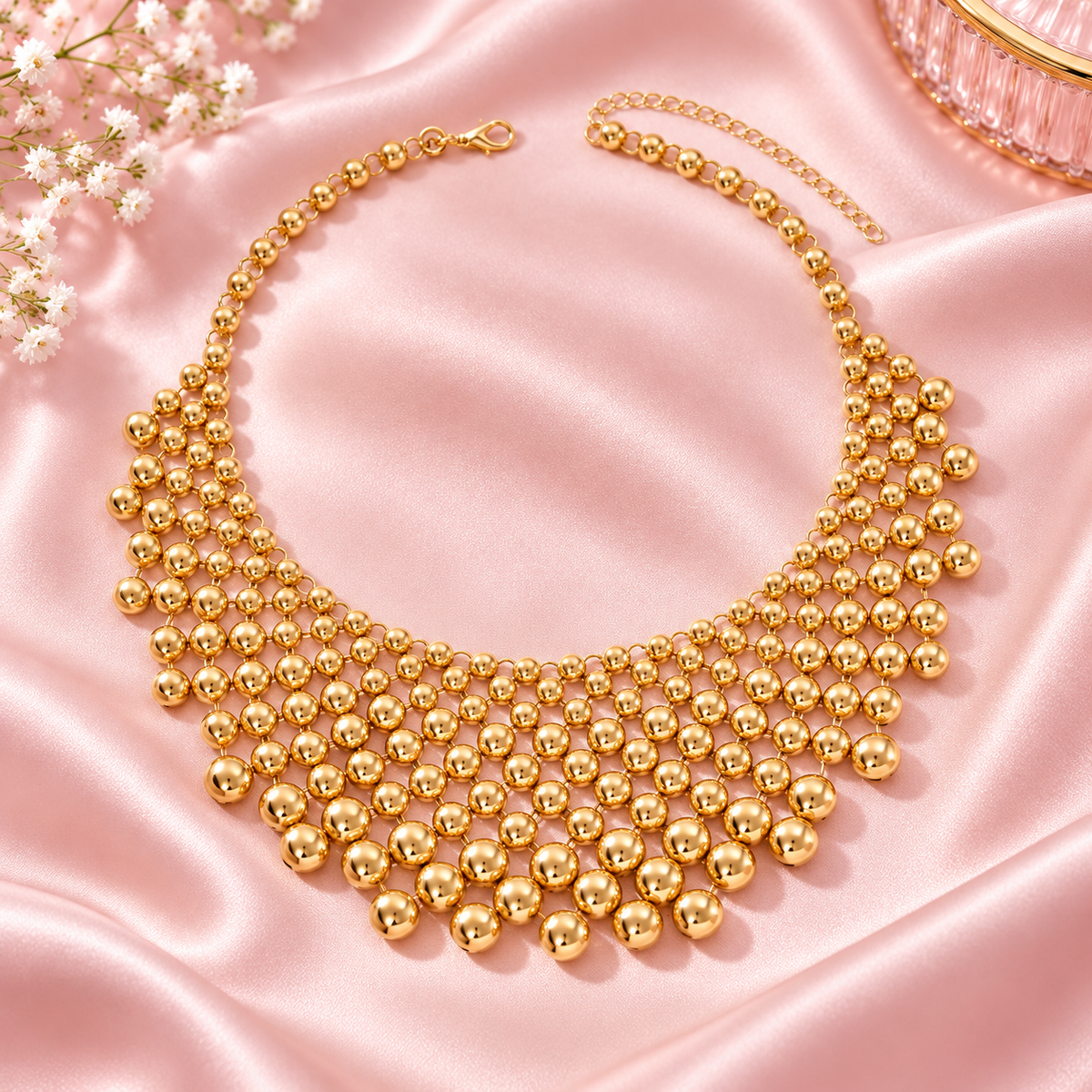 Y2K Gold Chunky Bubble Bib Necklace — Statement Beaded Necklace for Women