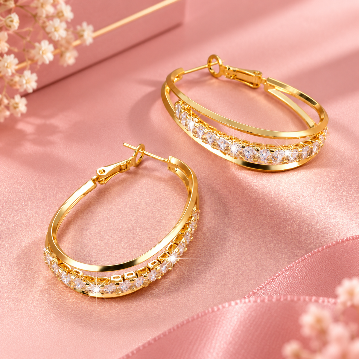 C-Claw Rhinestone Hoop Earrings — 18K Gold Plated Oval Hoops