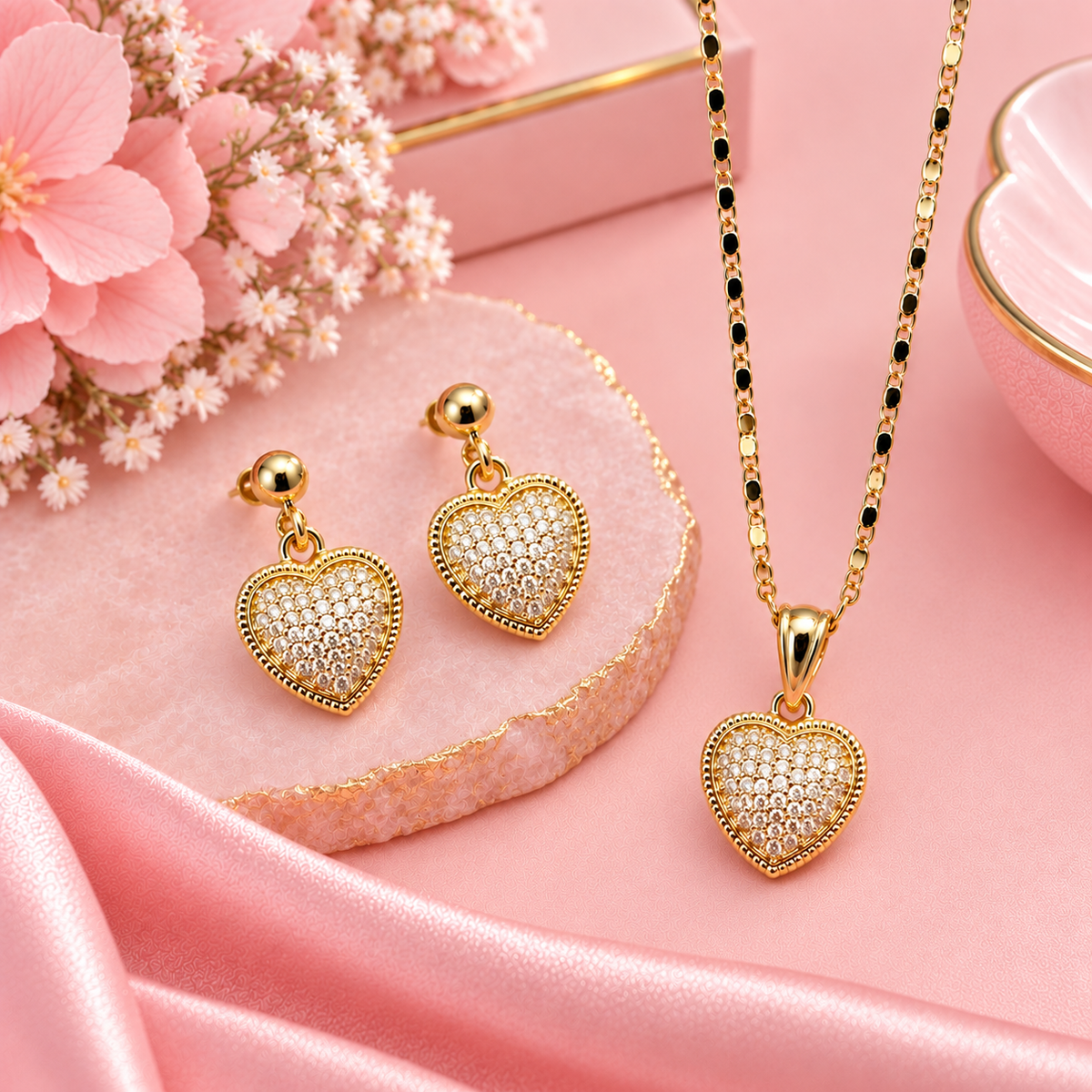 18K Gold Filled Beaded Pavé Heart Necklace & Earrings Set | Hypoallergenic