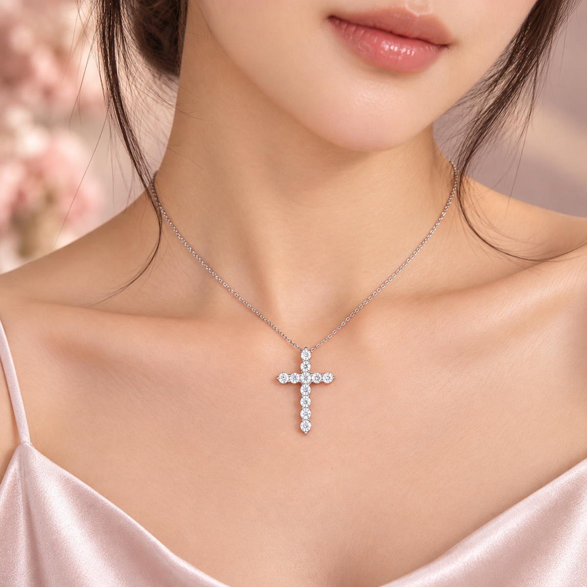 Classic Cross Pendant Necklace – 925 Sterling Silver, 0.1CT Moissanite Diamonds, Platinum Plated