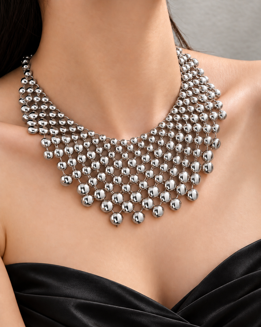 Y2K Silver Chunky Bubble Bib Necklace — Statement Beaded Necklace for Women