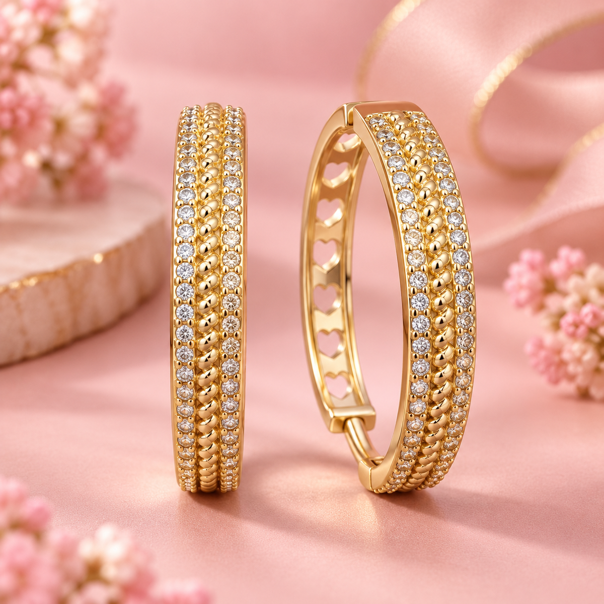 1" Gold Filled Pavé CZ Heart Cutout Hoop Earrings - Hypoallergenic