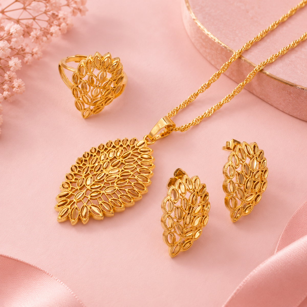 22K Gold Plated Leaf Filigree Jewelry Set - Hypoallergenic