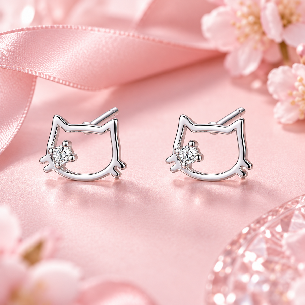 Small Sterling Silver Cat Ear Stud Earrings – Cute Screw-On Zirconia Studs for Women
