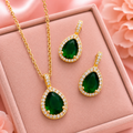 Green Water Drop Halo Necklace & Earring Set — Gold Plated
