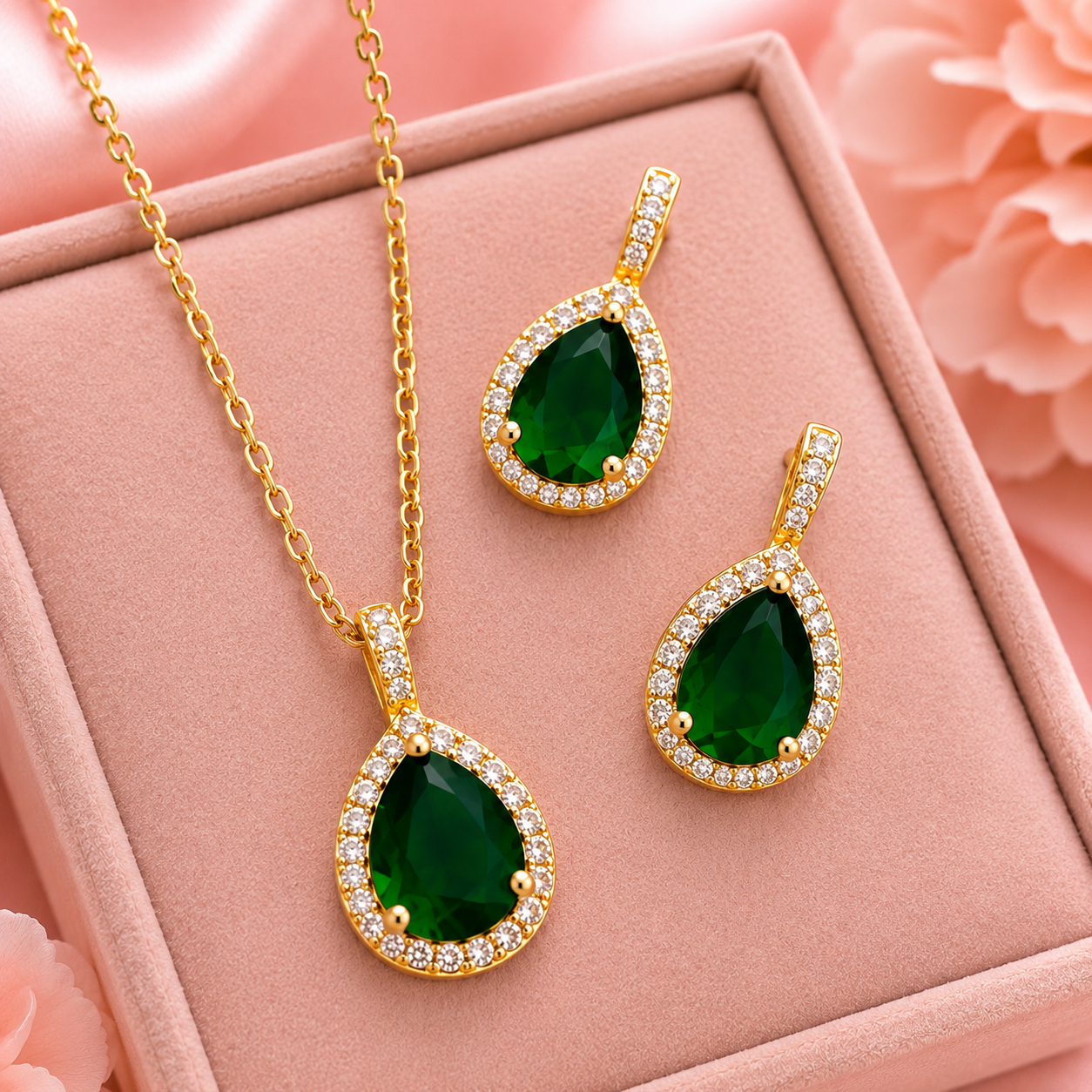 Green Water Drop Halo Necklace & Earring Set — Gold Plated