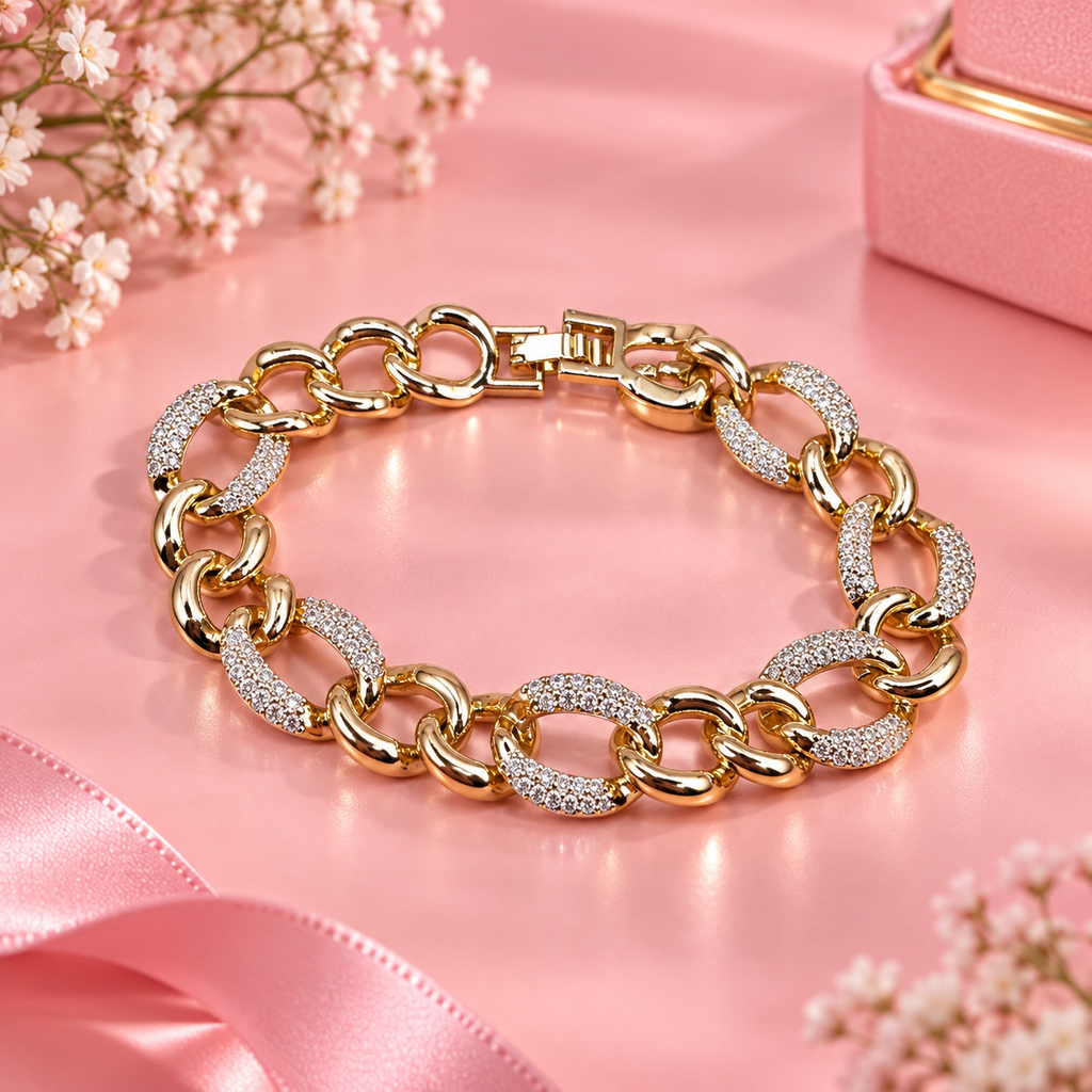 Elegant 18K Gold Filled Mixed Link CZ Bracelet - 7in Hypoallergenic Chain