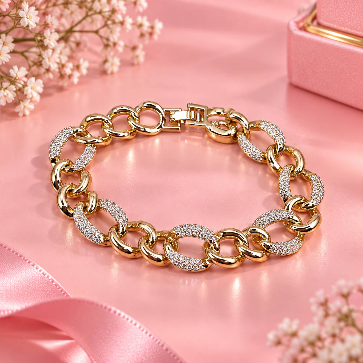 Elegant 18K Gold Filled Mixed Link CZ Bracelet - 7in Hypoallergenic Chain