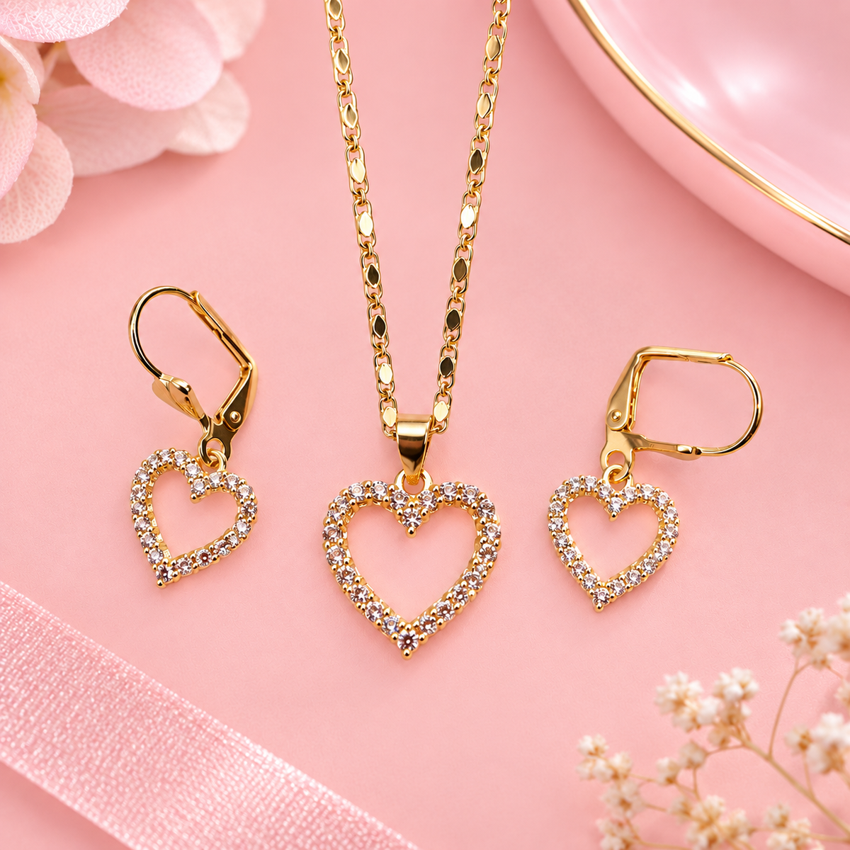 18K Gold Filled Open Heart Figaro Necklace & Leverback Earrings Set | Hypoallergenic