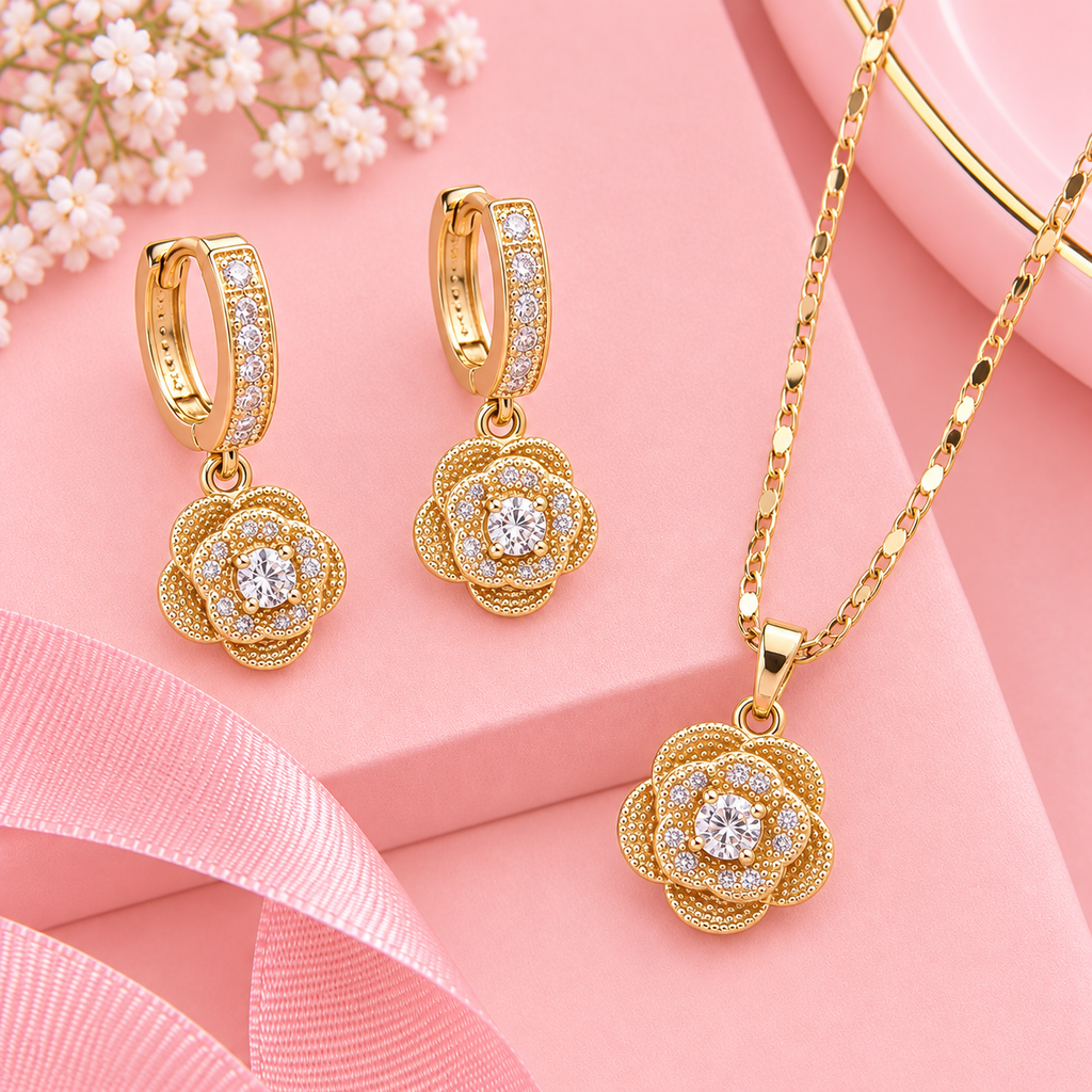 18K Gold Filled Rose Flower Huggie Jewelry Set | Hypoallergenic