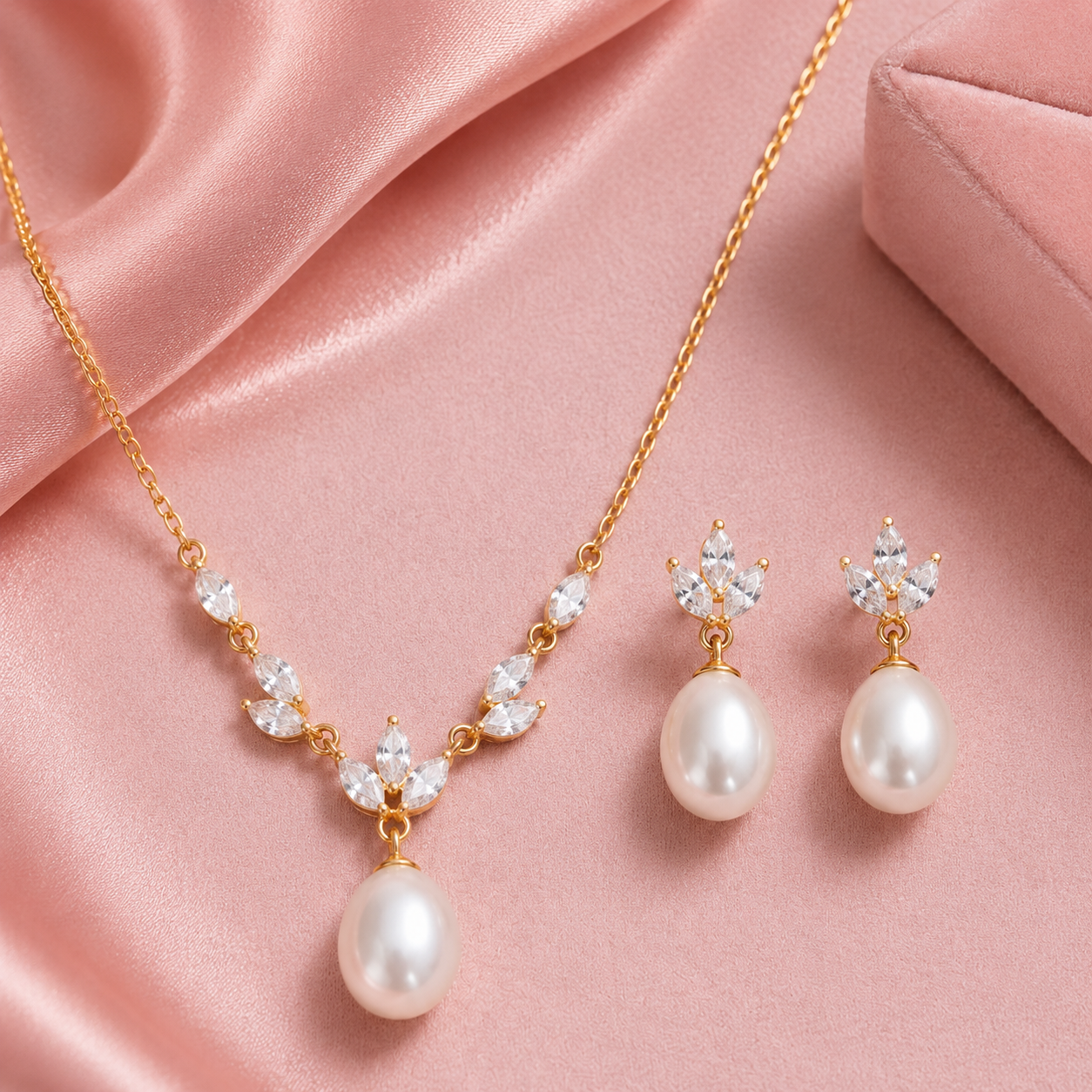 Pearl & Crystal Vine Necklace & Earring Set — Gold Plated